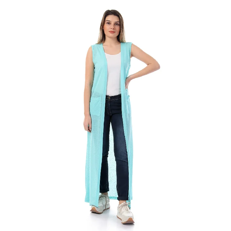 Sleeveless Long Cardigan With Pockets - Kady Satin Fabric Silk Fabric Chiffon Fabric Sleeveless Long Cardigan With Pockets - Kady Satin Fabric Silk Fabric Chiffon Fabric