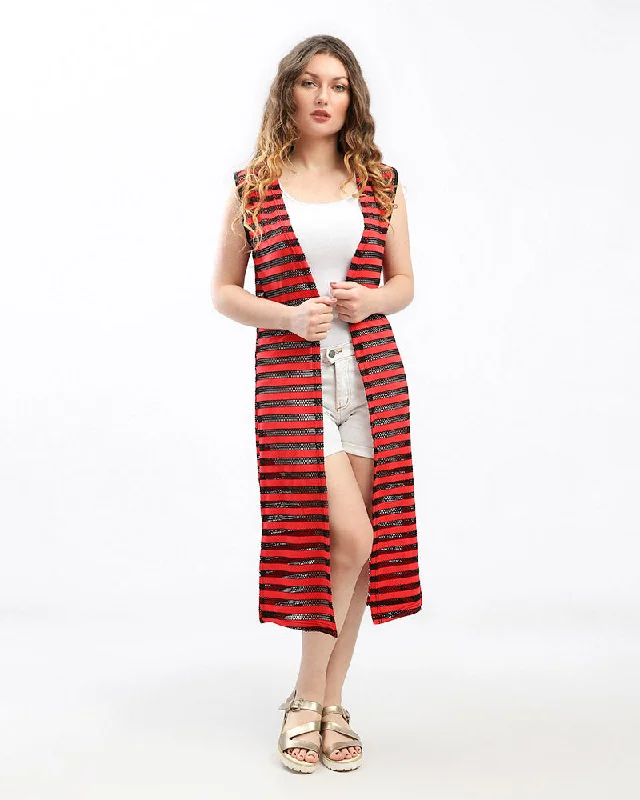 Stripe Perforated Sleeveless Cardigan - Kady Collared Crew Neck Turtle Neck