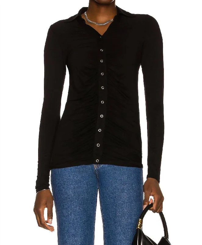 Viscose Jersey Ruched Polo Cardigan In Black Boxy Cardigan Fitted Cardigan A-Line