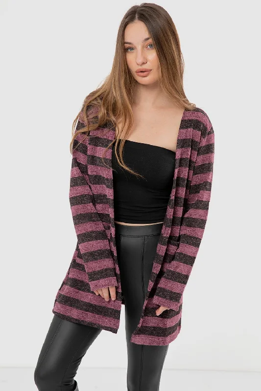 Wild Striped Cardigan With Pockets - Kady Spandex Blend Rayon Blend Denim Blend