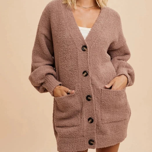 Women's Button Front Chenille Cardigan in Taupe Print Jacquard Patchwork