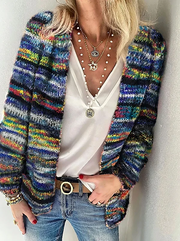 Printed Multicolor Striped Commuter Slim Cardigan Welt Pockets Slit Pockets Flap Pockets Printed Multicolor Striped Commuter Slim Cardigan Welt Pockets Slit Pockets Flap Pockets