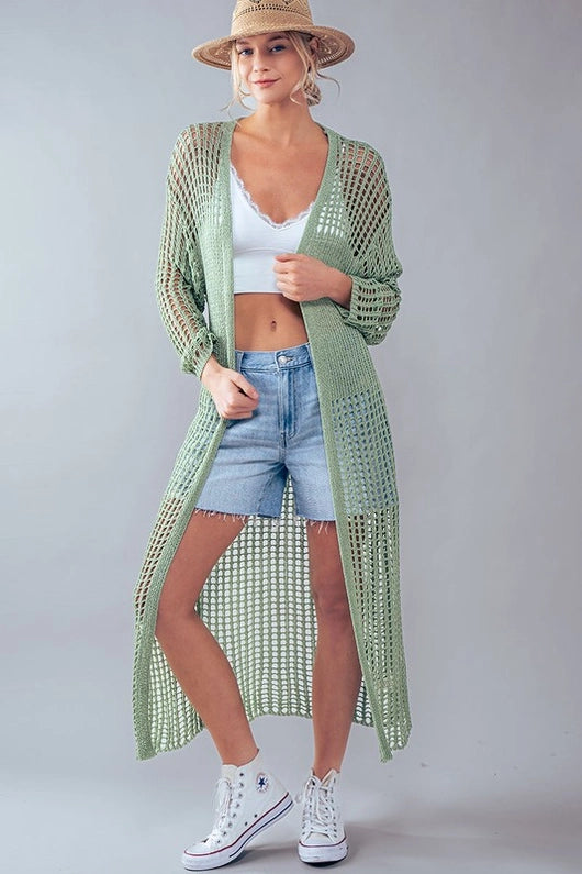 Women's Crochet Lace Long Summer Cardigan in Sage Toggled Drawstring Belted