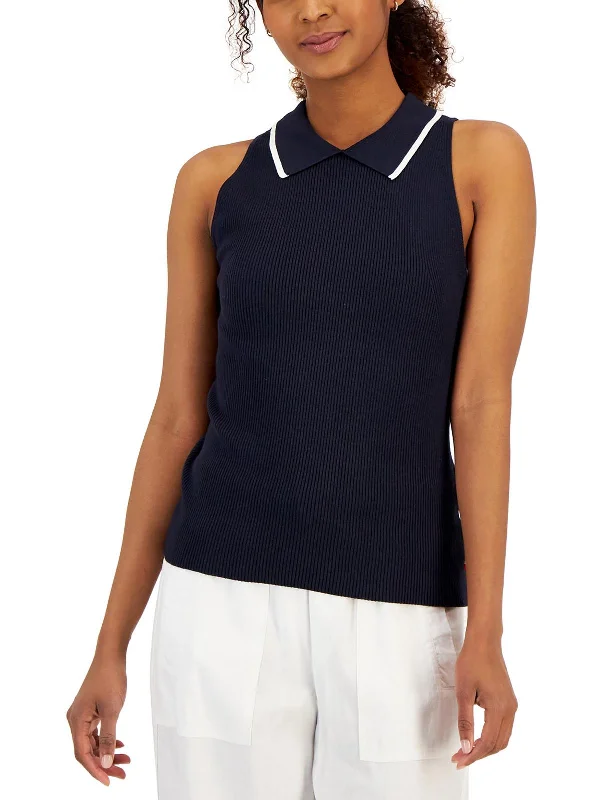 Womens Ribbed Pullover Polo Top Cowl Neck Pullover