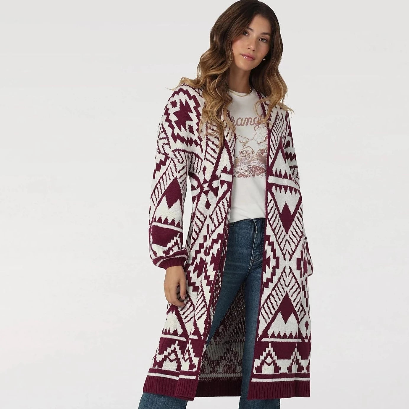 Wrangler Women's Magenta Aztec Long Cardigan Satin Fabric Silk Fabric Chiffon Fabric