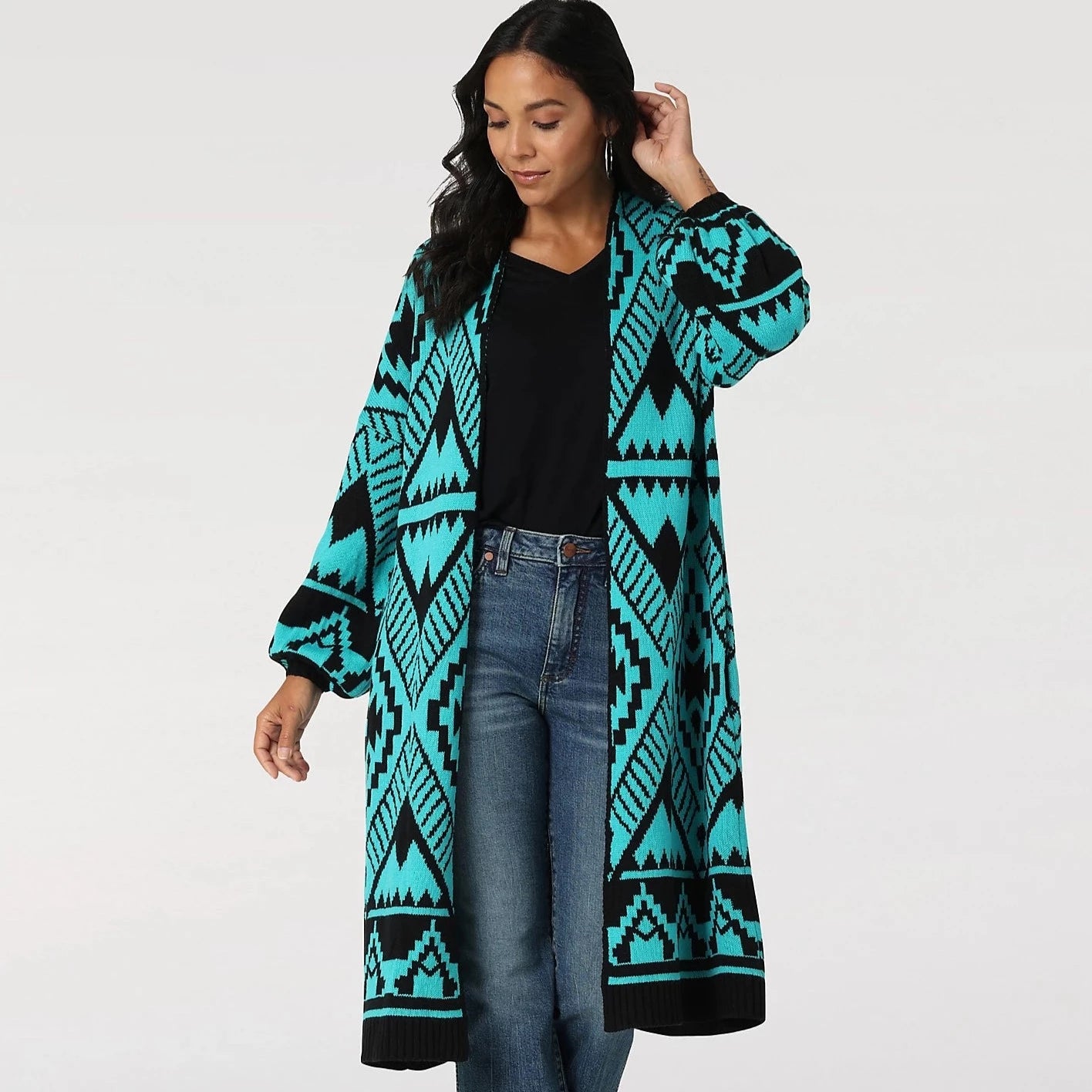 Wrangler Women's Turquoise Aztec Long Cardigan Faux Fur Fabric Real Fur Fabric Shearling Fabric