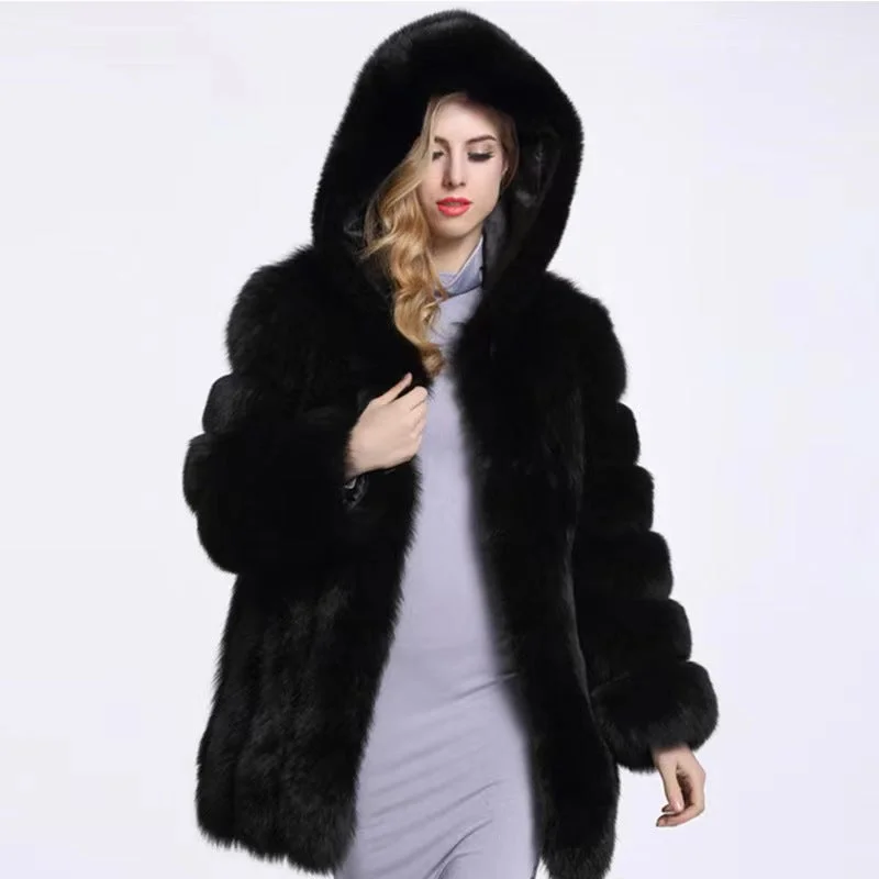 2022Classic Design European Hooded Fashion Real Fox Fur Long Coat Belted Wool Overcoat