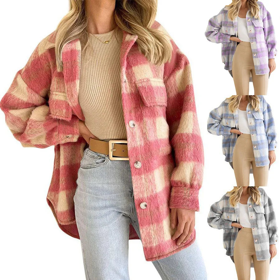 2024 Autumn and Winter New Women's Clothing Europe and the United States Trend Checkered Mohair Coat Wool Thick Coat Draped Longline Jacket