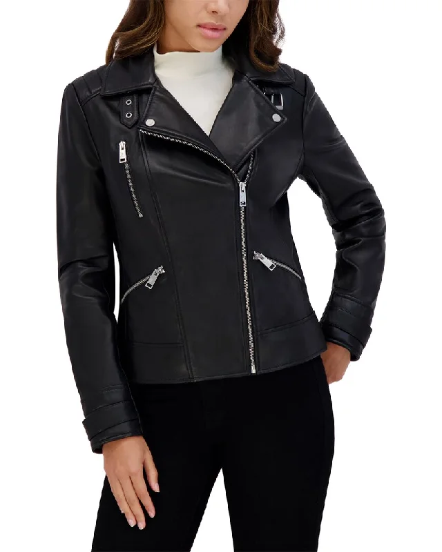 Andrew Marc Salla Leather Coat Ruched Sleeve Blazer