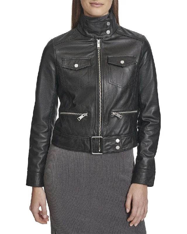 Andrew Marc Vicki Leather Coat Elegant Cape Blazer