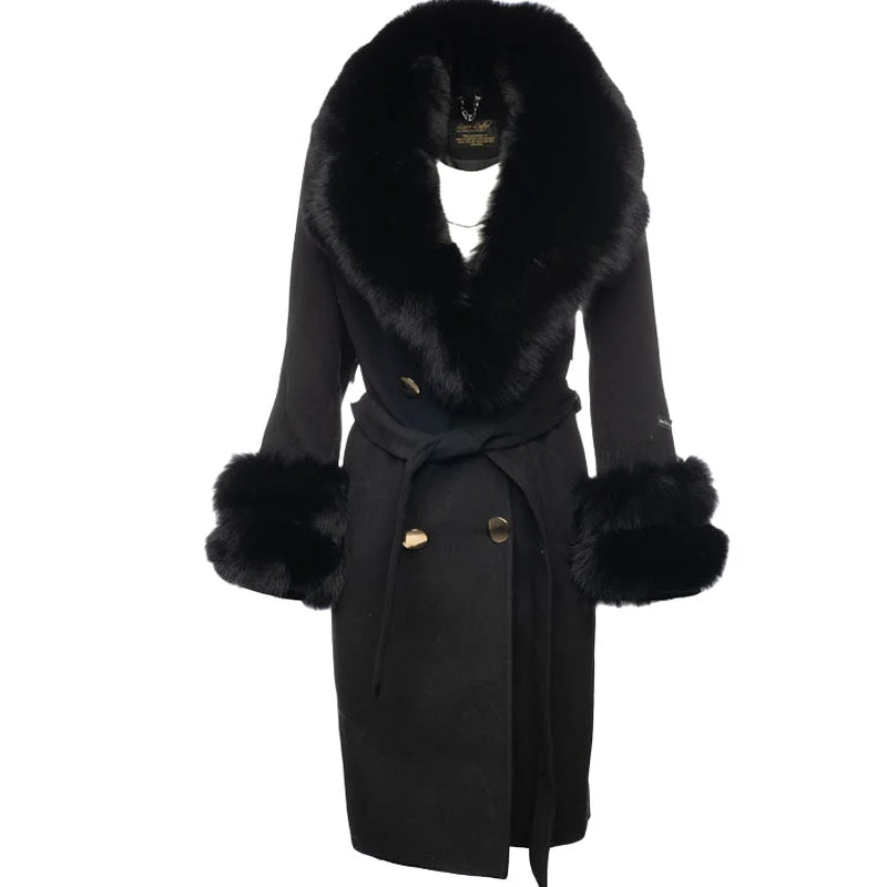 Aria Black Chic long cashmere blend coat with fox fur Quilted Puffer Jacket