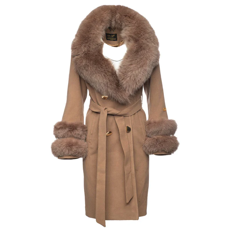 Aria Beige Chic long cashmere blend coat with fox fur Belted Midi-Length Coat
