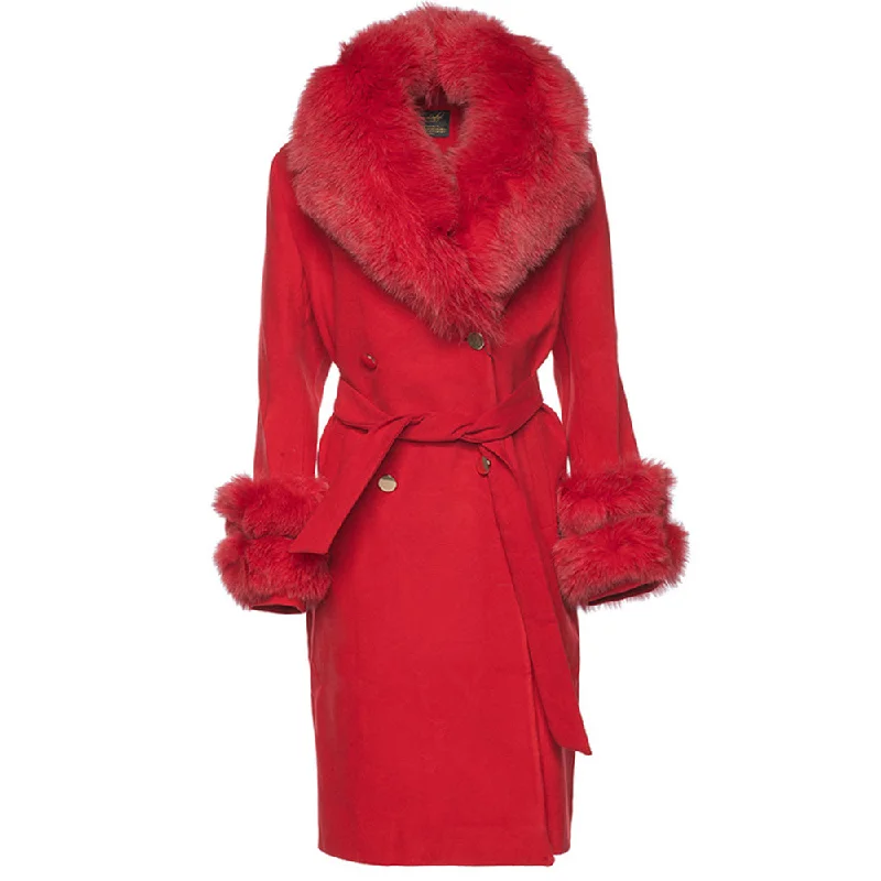 Aria Red chic long cashmere blend coat with fox fur Military-Inspired Jacket