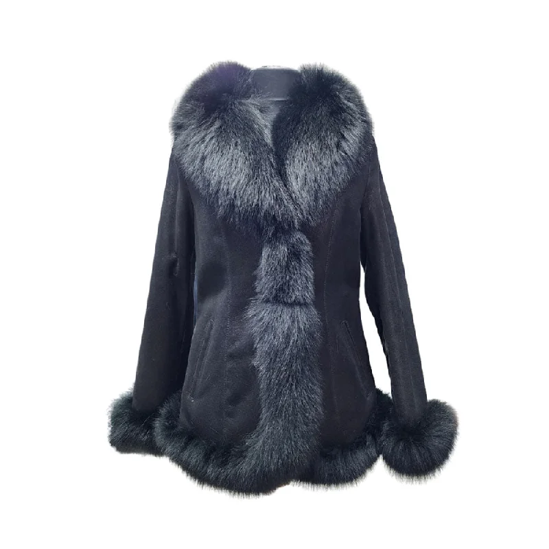 Astrid black shearling coat with fox fur trim Classic Trench Coat