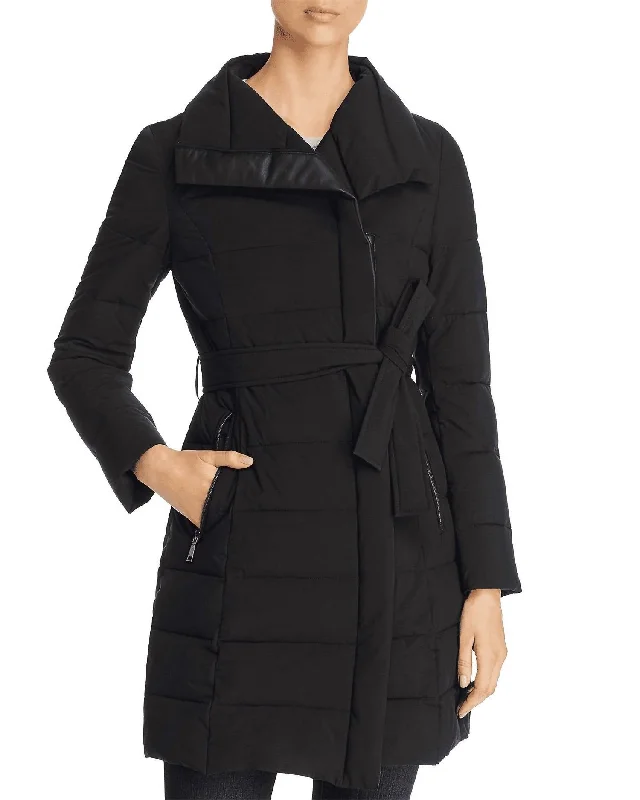 Asymmetrical Belted Stand Collar Puffer Coat In Black Draped Collar Cardigan