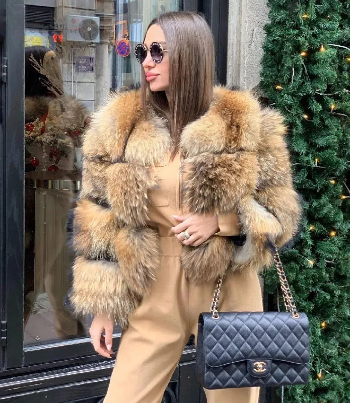 Black Friday Sale QIUCHEN- QC1884 2021 HOT SALE Winter Wram Cropped Multicolor Real Fox Raccoon Fur Coat Women Fitted Tailored Blazer