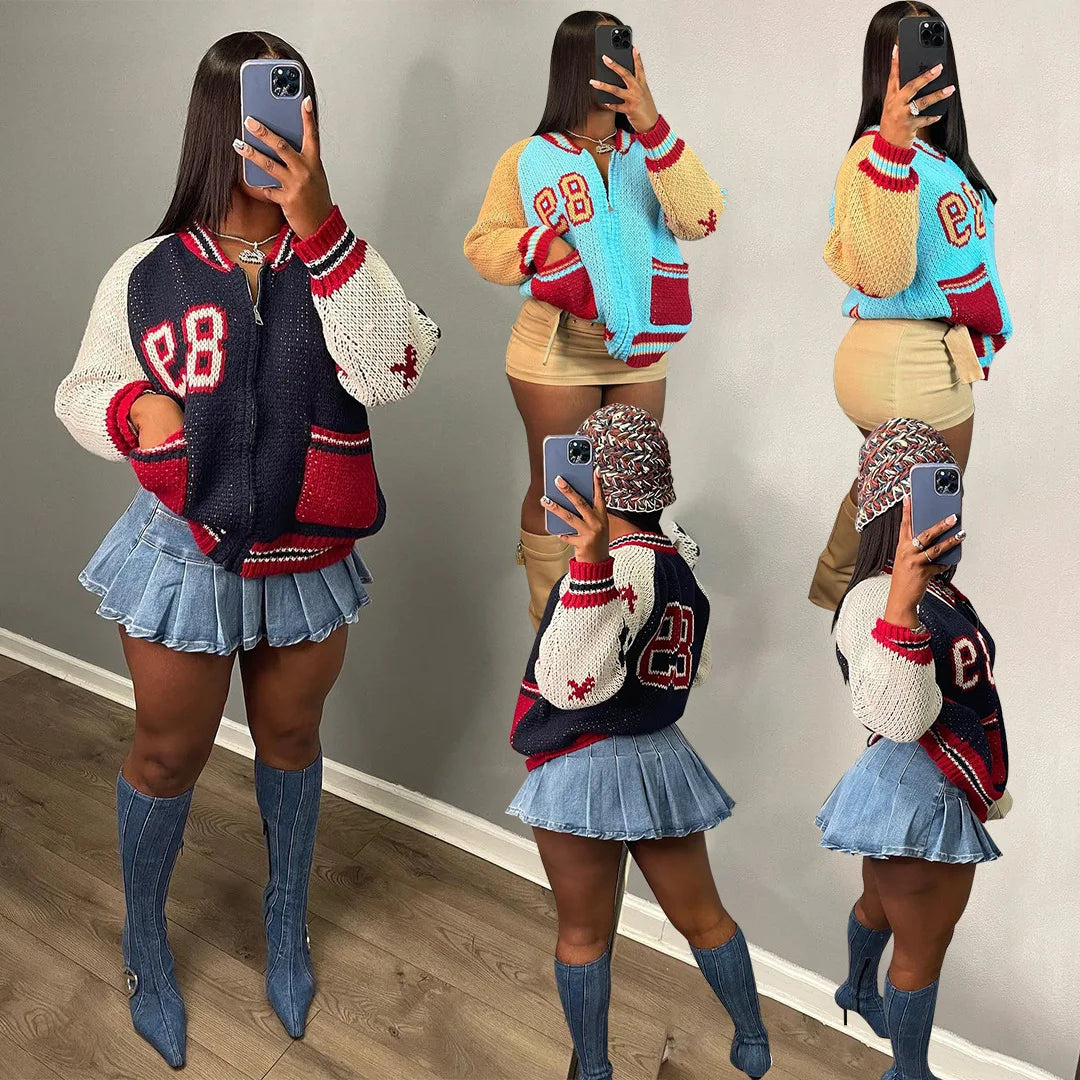 Bomblook ASTP136 Autumn Letter Cardigan Women Knit Sweater Christmas Sweater Stretchy Elastic Breathable Bomblook ASTP136 Autumn Letter Cardigan Women Knit Sweater Christmas Sweater Stretchy Elastic Breathable