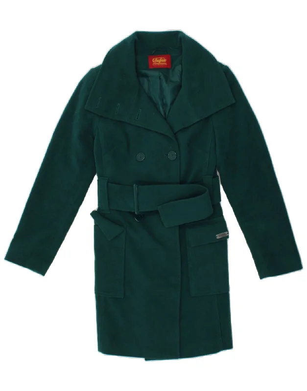BUFFALO Womens Double Breasted Coat UK 8 Small Green Polyester Minimalist Wool Duster