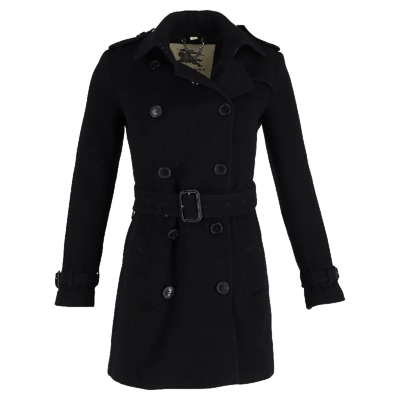 Burberry Double-Breasted Kensington Coat in Black Wool Drape Front Waterfall Coat