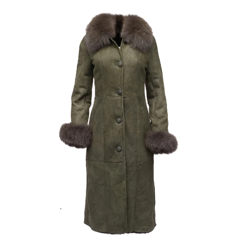 Caitlan’s Shearling Sheepskin Full Length Long Coat With Fox Fur Trim Classic Riding Jacket