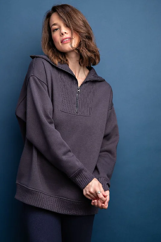 Charcoal High-Neck Fleece Pullover Sabrina Neck Pullover