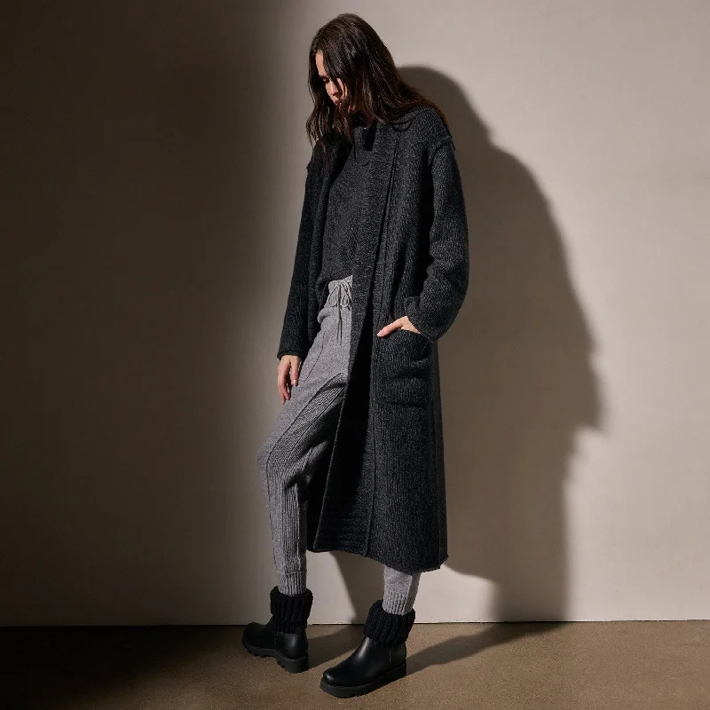 Chunky Knit Cashmere Marl Cardigan - Charcoal Marl Print Jacquard Patchwork
