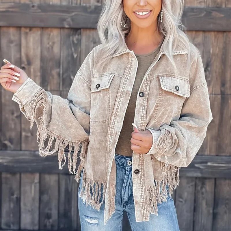Corduroy Fashion Long Sleeve Tassel Button Coat Stylish Bomber Jacket