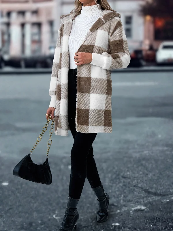 Cozy Plaid Hooded Coat Stylish Womens Outerwear for Fall Belted Midi-Length Coat