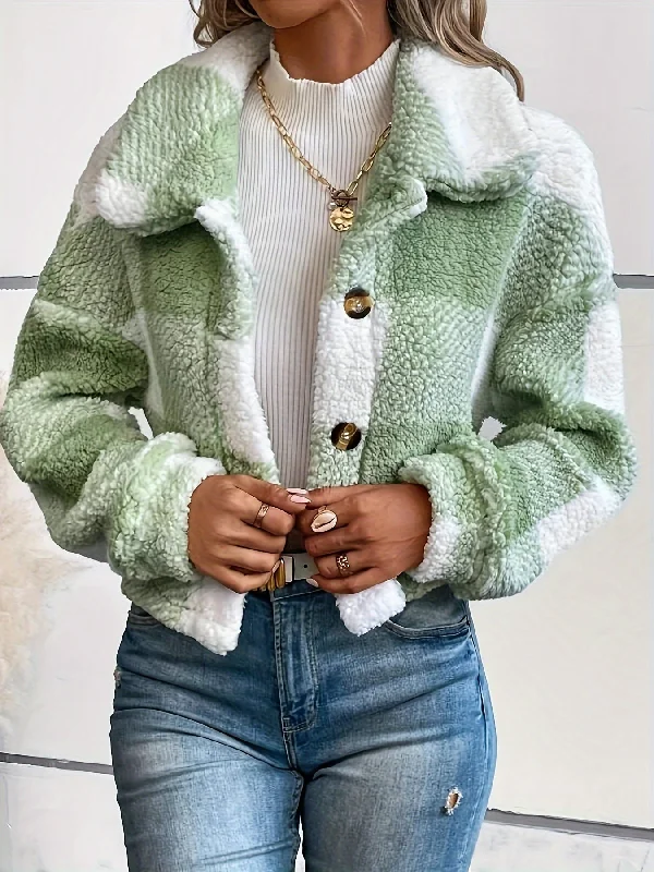Cozy Plaid Teddy Coat Versatile Winter Outwear for Women Soft Flannel Shacket