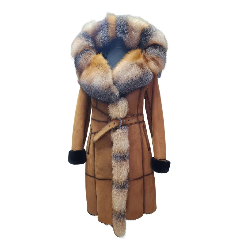 Ellie's shearling hooded coat with crystal fox fur Fleece Lined Windbreaker