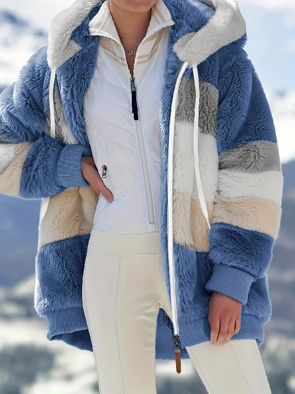 Fashionable and Cozy Fuzzy Color Block Coat for Women Functional Travel Jacket