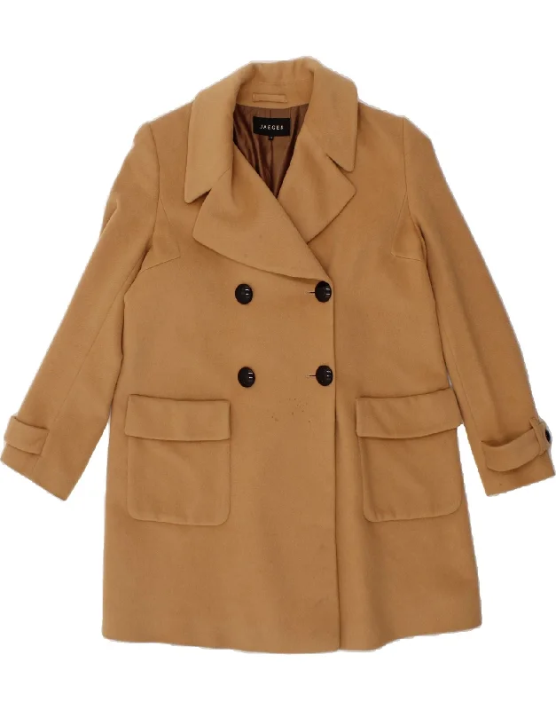 JAEGER Womens Double Breasted Coat UK 14 Medium Brown Angora Collared Pea Coat