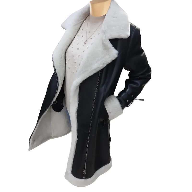 Katy's Black Shearling Aviator Long coat Cropped Fleece Jacket