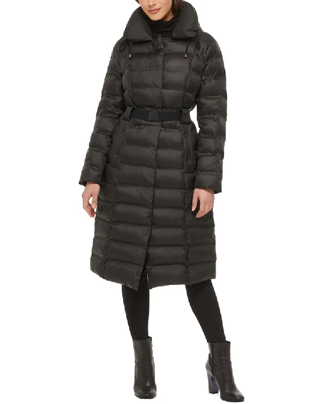 Kenneth Cole Hooded Cire Puffer Coat Puff Sleeve Overcoat