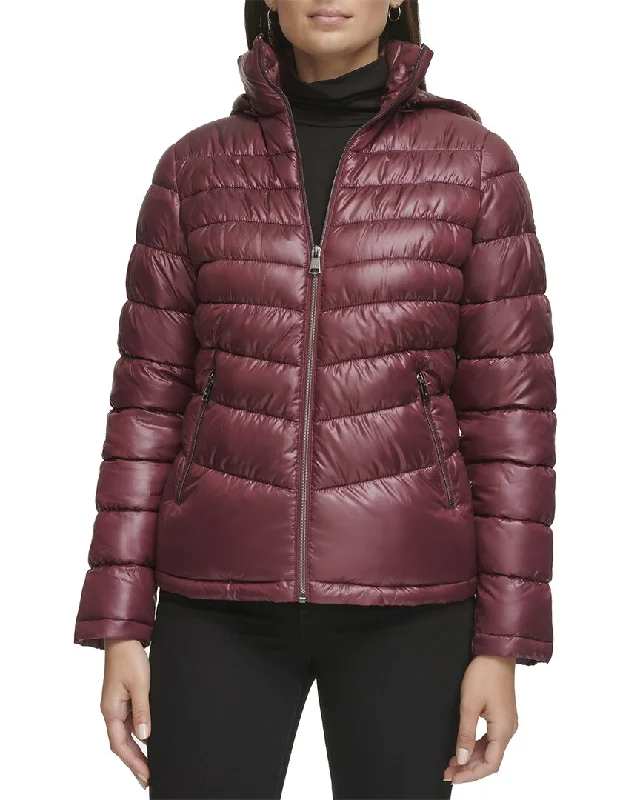 Kenneth Cole Short Zip Puffer Coat Fuzzy Sherpa Pullover