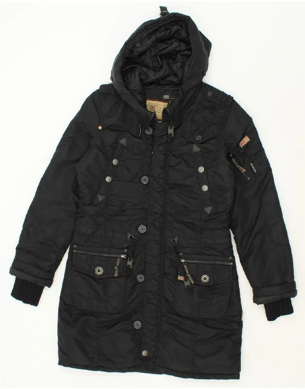 KHUJO Womens Hooded Windbreaker Coat UK 18 XL Black Nylon High-Collar Puffer Coat
