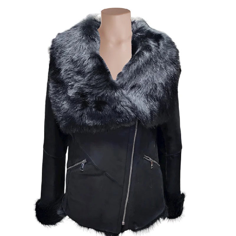 Leah Black Toscana Shearling Sheepskin Coat Button-Up Cardigan Coat