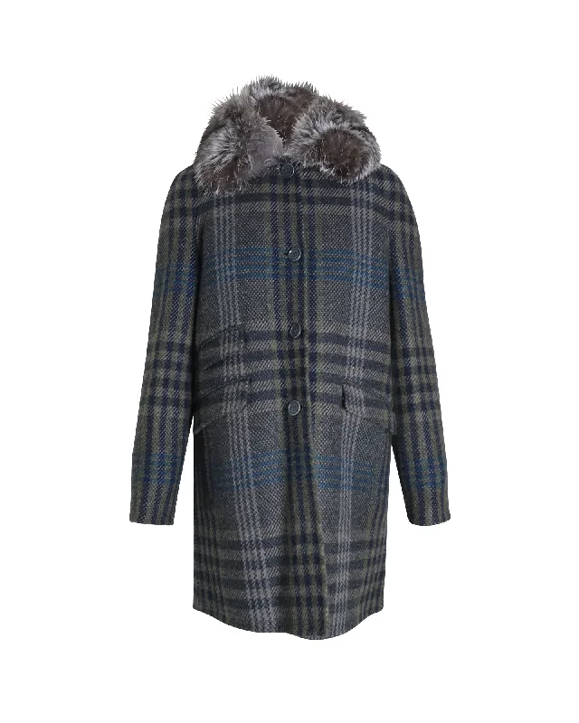 Loro Piana Fur Collar Plaid Coat in Multicolor Cashmere Double-Breasted Trench