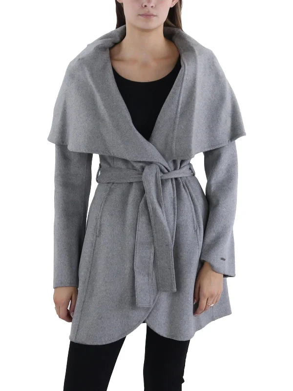 Marla Womens Winter Wool Blend Wrap Coat Sleek Leather Jacket