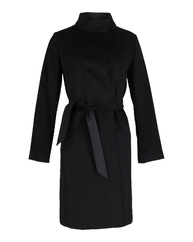 Max Mara Belted Coat in Black Cashmere Hooded Parka Coat