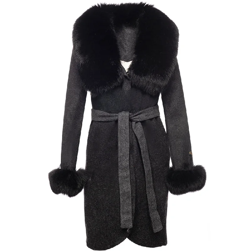 Mia's belt tie wool coat with fox fur Cropped Moto Jacket