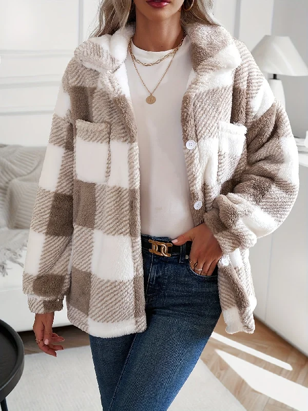 Plaid Pattern Teddy Coat, Casual Button Front Long Sleeve Outerwear, Women's Clothing Relaxed Fit Blazer