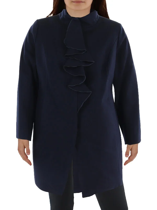 Plus Womens Wool BLend Ruffled Walker Coat Puff Sleeve Overcoat