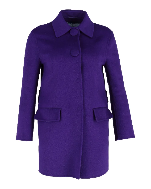 Prada Angora Long Coat in Violet Wool Fur-Trimmed Winter Coat