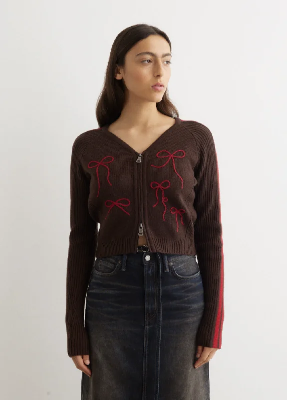 Ribbon Embroidery Knit Cardigan Transparent Opaque Sheer