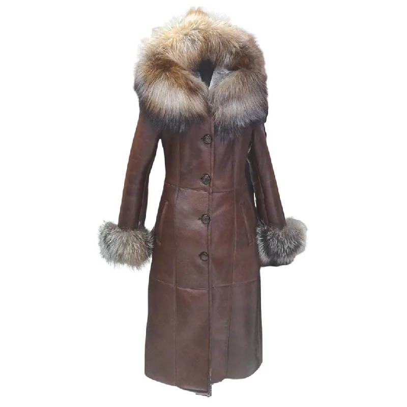 Riley brown hooded shearling coat with fox fur Relaxed Utility Shacket