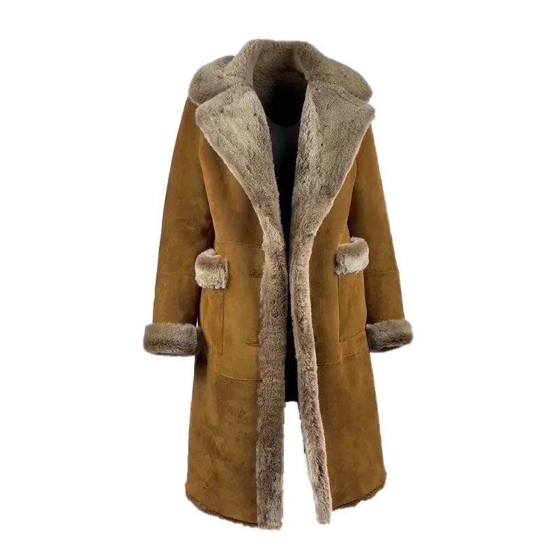 Sabina Tobacco Long Shearling Coat Embroidered Kimono Coat