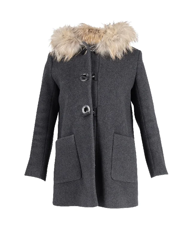 Sandro Fur Trimmed Hooded Coat in Grey Wool Fleece Lined Windbreaker