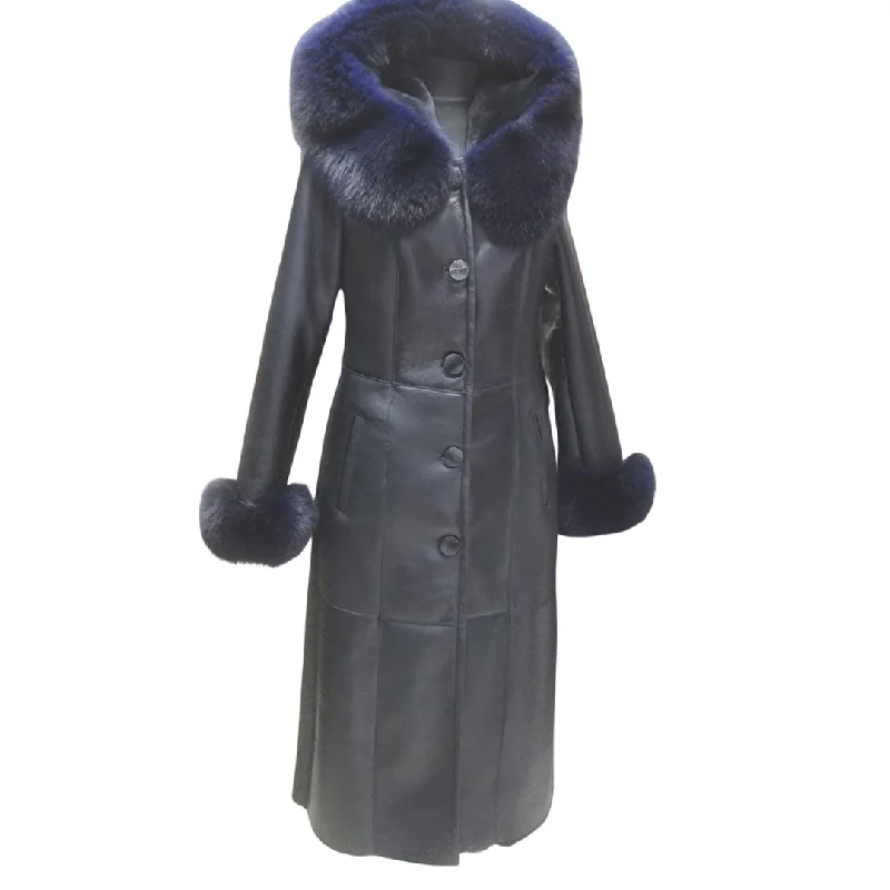 Seren's Navy Blue Shearling coat with fox fur Luxe Satin Long Coat