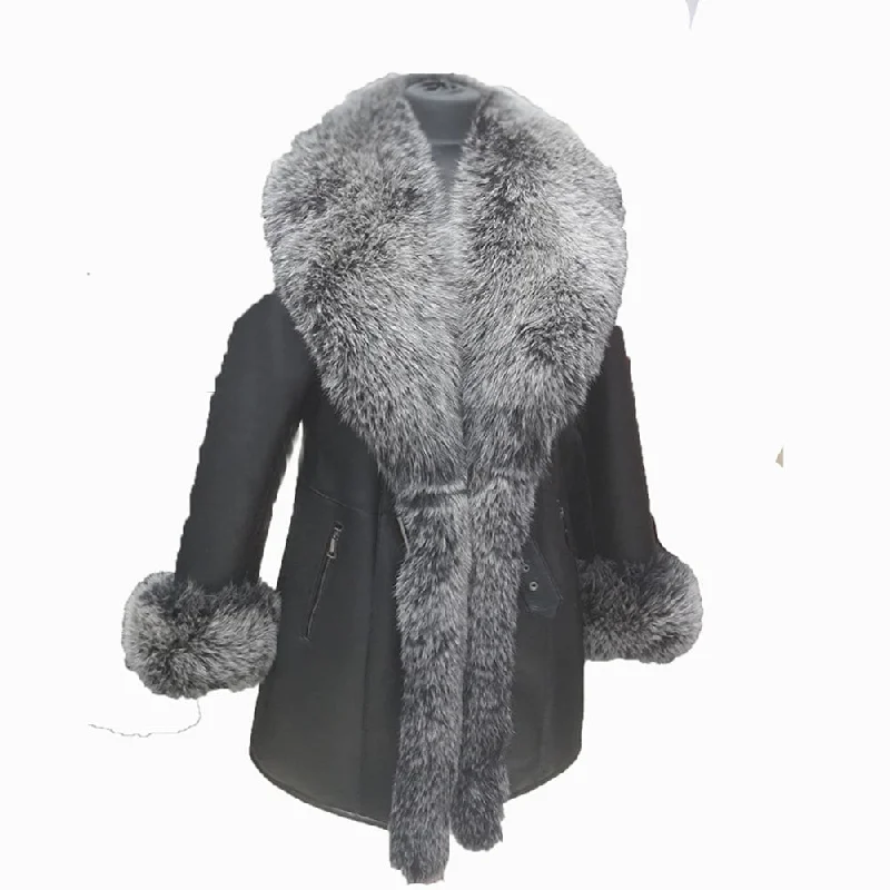 Stella black shearling coat with fox fur trim Recycled Down Jacket